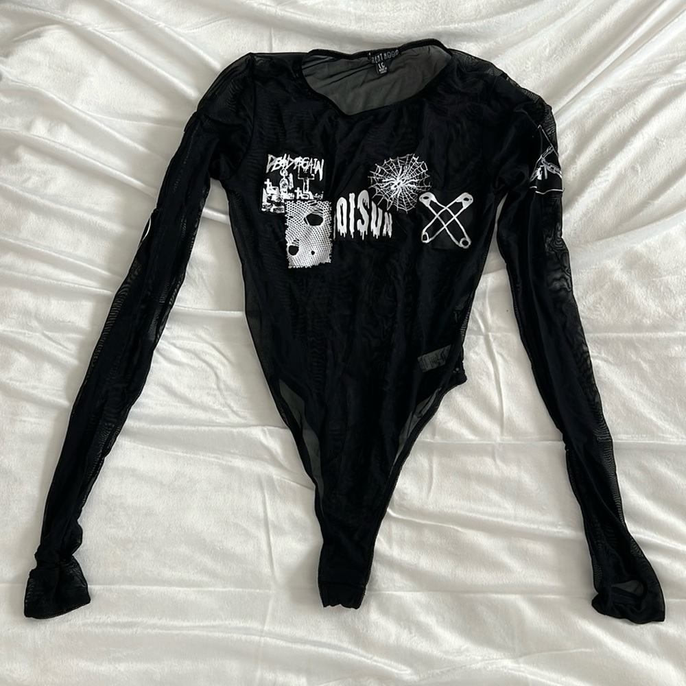 CURRENT MOOD Sheer Mesh Black Graphic Bodysuit Long Sleeve DOLLS KILL Sz L